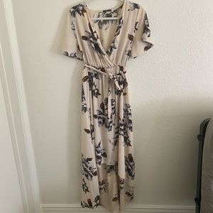 Cream & Floral High-Low Wrap Midi Dress